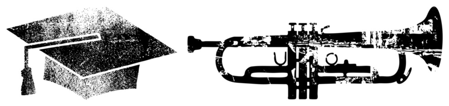 Weathered graduation cap and brassy cornet set featuring a gritty stencil aesthetic. This academic mortarboard and musical trumpet duo capture a nostalgic, textured urban vibe.