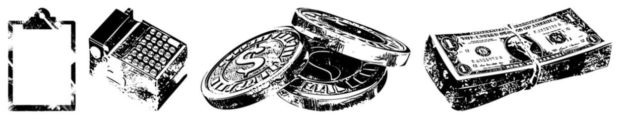 Obraz premium Gritty collection featuring a stack of greenbacks, shiny tokens, a classic cash register, and a clipboard. These money morsels and dough stacks represent wealth in a distressed stencil style.