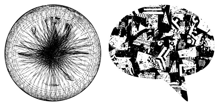 Complex wireframe orb and a gritty chat cloud featuring chaotic geometric. This ink sketch orb and messy talk bubble use heavy textures for a raw aesthetic.