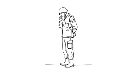 Obraz premium Soldier in uniform, helmet, thinking, pensive pose, line art illustration, isolated on white background