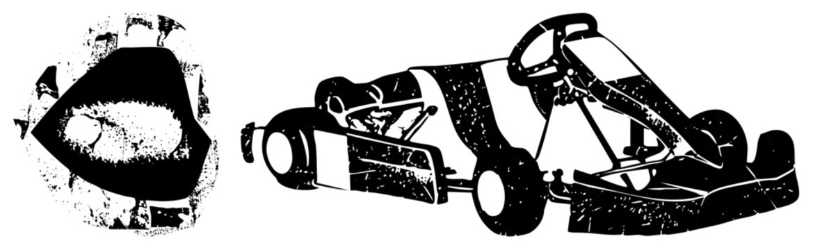 This gritty, weathered go kart silhouette captures the racing spirit. A stylized, or buggy, features a heavily distressed stencil texture and high contrast design.