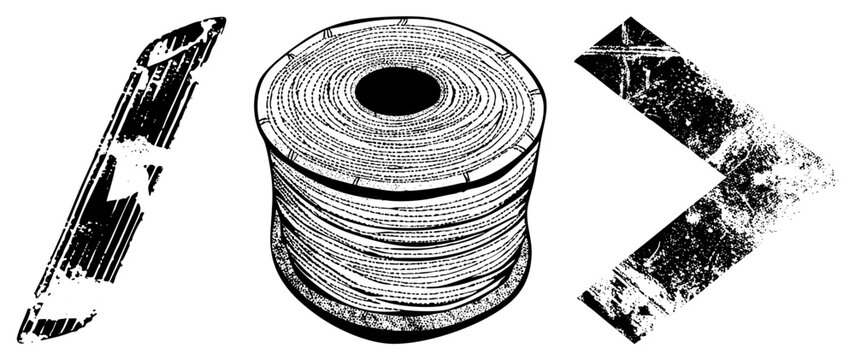 Vintage style spool of winding thread alongside a heavy thread bobbin and weathered directional arrows. These gritty, stencil like graphics feature a high contrast, distressed texture.