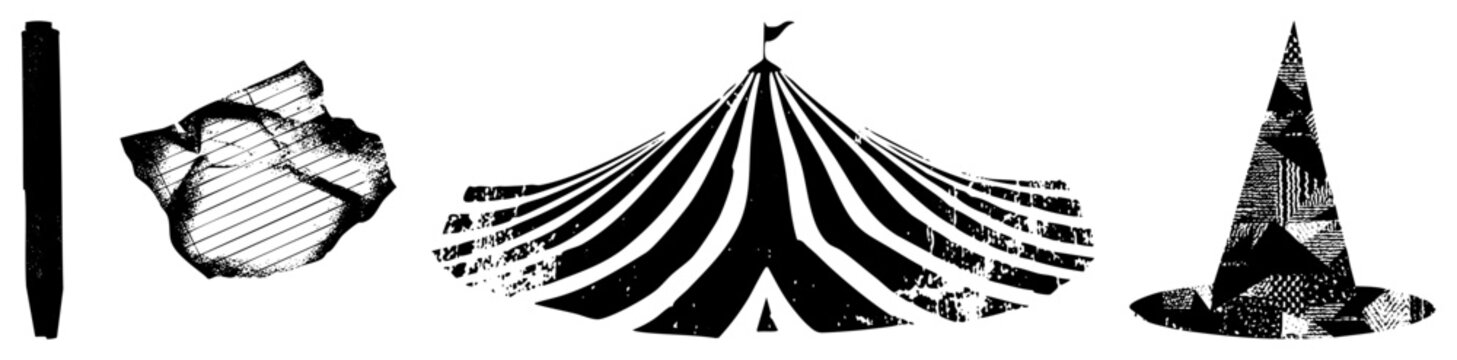 Weathered carnival big top, circus tent, and various showground elements featuring a gritty halftone texture. This collection includes a striped marquee, a conical peak, and a rugged pedestal.