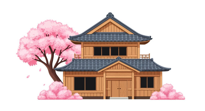 Traditional Japanese House with Cherry Blossom Tree