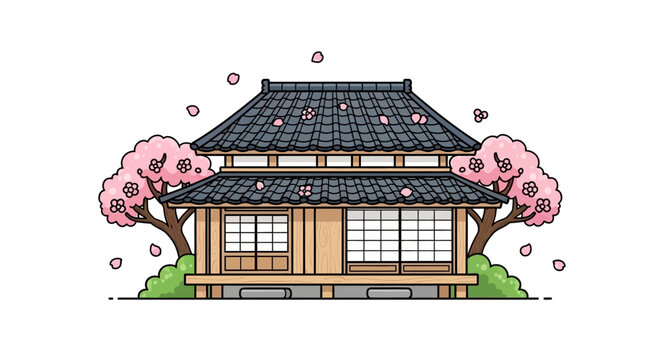 Traditional Japanese House with Cherry Blossom Trees Illustration