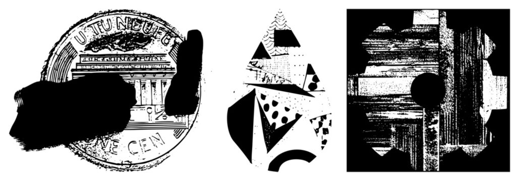 This gritty assemblage features a textured circle, a sharp triangular, and a heavy cogwheel. These rough pieces use a stencil aesthetic and halftone to create a raw, urban look.