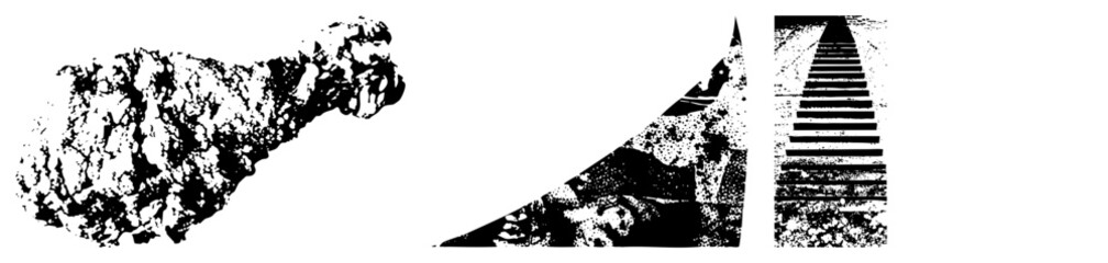 Obraz premium This abstract composition features heavy grit texture, combining a rough blotch, a sharp triangle, and a ladder like staircase. Grainy elements, including a dark smudge and jagged wedge, offer a raw a