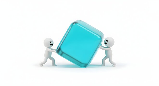 Characters struggling with a large glowing blue cube