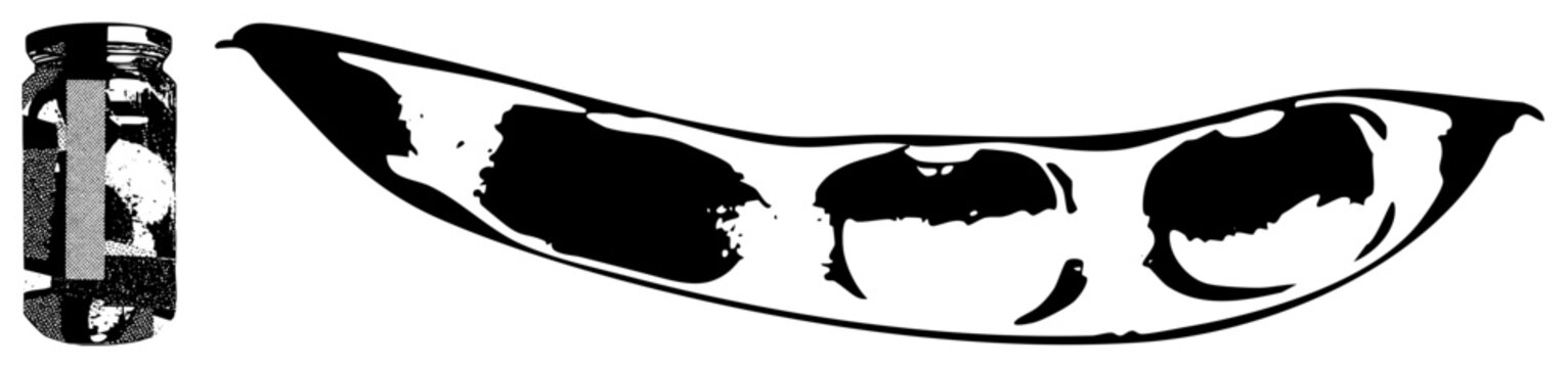 This stark black and white stencil features a split pea pod and a small mason jar. The vegetable legume and glass preserve vessel are rendered in a bold, high contrast graphic style.