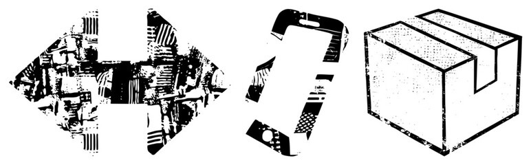 Obraz premium Textured collection featuring a gritty arrow, a mobile handset, and a 3D block. This punk style assemblage uses heavy halftone and distressed stencil textures for a raw aesthetic.