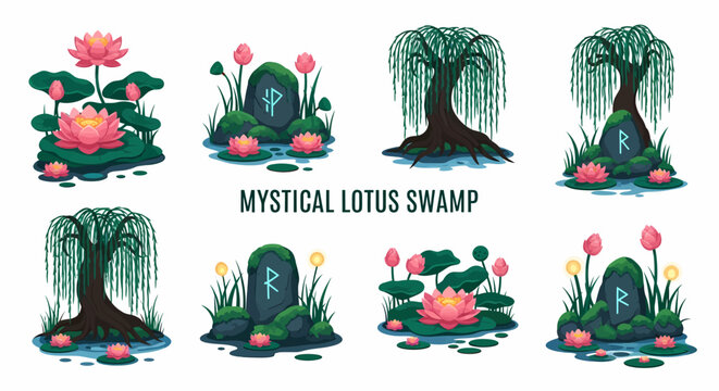 A collection of eight illustrated elements featuring lotus flowers weeping willow trees and runeetched stones in a swamp setting