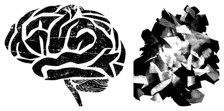 This gritty composition features a distressed cerebral organ alongside a chaotic cluster of geometric forms. The mental engine and thought mass are rendered in a heavy halftone stencil style.