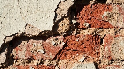 Fototapeta premium Macro texture of a decaying wall with peeling plaster revealing rough red brick and crumbling mortar