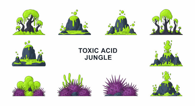 A collection of toxic jungle elements featuring slimecovered rocks spiky purple urchins and radioactive green trees