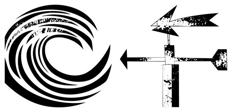 Powerful curling swell meets a rustic wind vane. This weathered breaker and weathercock set features a heavy grunge texture for a rugged, maritime aesthetic.