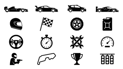 Fotobehang F1 Motorsport and Car Racing Icon Set with Formula One Vehicle, Checkered Flag, Helmet, Stopwatch, Speedometer, and Pit Stop Mechanic Symbols for Championship Graphics  © MDSOBUJ