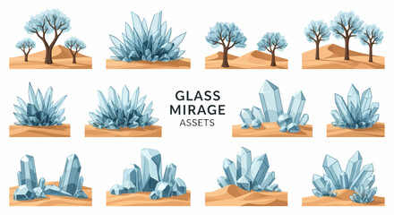 Obraz premium A set of stylized digital game assets featuring clusters of blue crystals and lightcolored trees on sandy desert terrain
