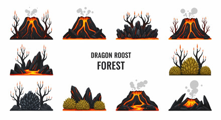 A set of ten vectorstyle illustrations depicting volcanic landscapes jagged rock formations glowing lava flows and scorched trees © Faisal