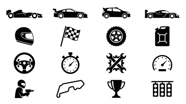 Motorsport and Car Racing Icon Set with Formula One Vehicle, Checkered Flag, Helmet, Stopwatch, Speedometer, and Pit Stop Mechanic Symbols for Championship Graphics