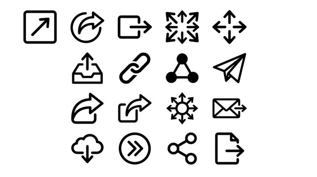 Digital Share and Export Icon Set with External Link, Upload, Outbox, Paper Plane, and Network Node Symbols for Web Interface Design