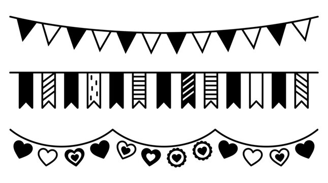 Decorative Party Bunting and Garland Set with Black and White Hanging Triangle Flags, Striped Pennants, and Romantic Heart Shapes for Festive Celebration Backgrounds