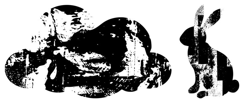 Gritty bunny silhouette featuring heavy textures and a buck rabbit aesthetic. This leporid graphic uses a messy ink blot style and rough halftone for a dark, edgy look.