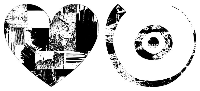 This gritty collage features a textured love symbol and a circular shape. These rough patch shapes and punk aesthetic elements use heavy halftone and worn out ink effects.