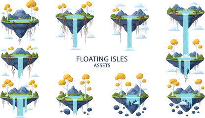 Collection of eight illustrated floating island assets featuring rocky terrain waterfalls yellow trees and hanging roots against a white background © Faisal