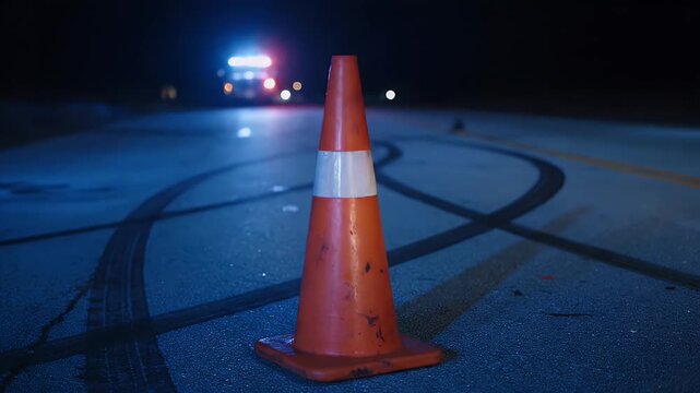 Orange traffic cone stands on asphalt road with tire marks under blue police lights
