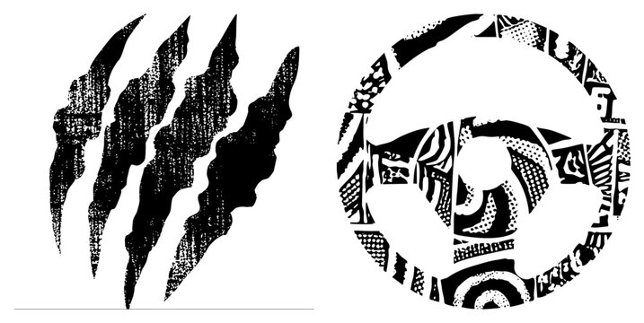 Aggressive scratches and a medallion, featuring savage claw marks and a tribal totemic disk. This stencil style design uses heavy halftone textures for a raw aesthetic.