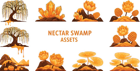 Collection of stylized Nectar Swamp assets featuring trees glowing crystals lotus flowers and lily pads on dark terrain © Faisal