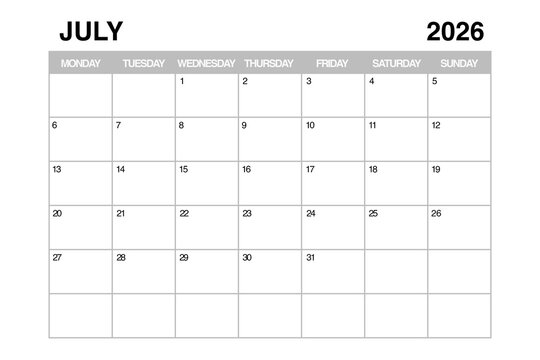 July 2026 Monthly Calendar Planner Template. 3d Rendering