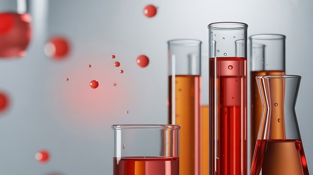  Laboratory test tubes containing red and orange liquids on a white background.
