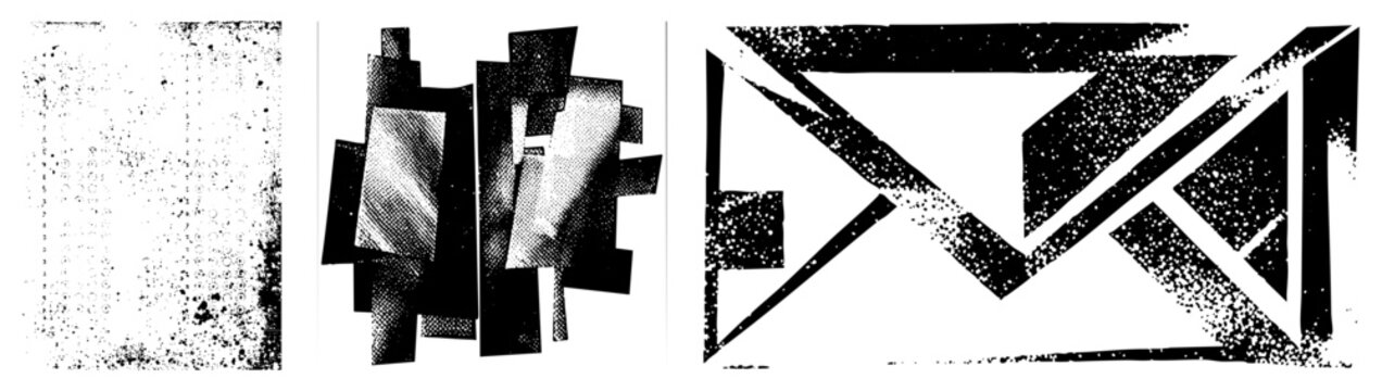 This edgy collection features various shapes including a distressed block and abstract geometric. These gritty noir elements and rough textured decals provide a striking visual impact.