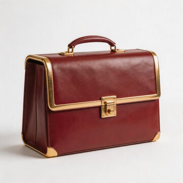 A studio-shot burgundy leather business briefcase with polished gold metal hardware, lock, trim and top handle, displayed on a plain white background.