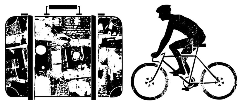 Weathered vintage luggage piece paired with a gritty bicycle rider. This textured kit bag and bike commuter graphic features a heavy stencil aesthetic for a raw, urban look.
