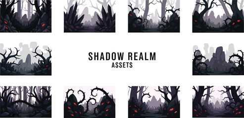 Grid of twelve fantasy digital backgrounds showing dark stylized environments with jagged trees thorny vines and red eyes © Faisal