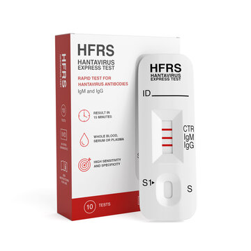 Hfrs Hantavirus Express Test Kit Concept. Rapid Antibody Test Cassette With Packaging Box For Medical Diagnosis On White Background. 3d Rendering