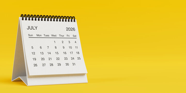 White Desk Monthly July 2026 Business Calendar. 3d Rendering