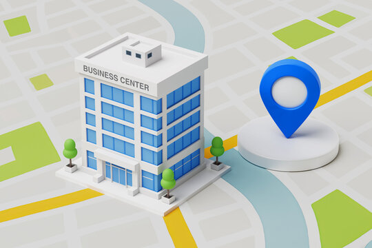 Commercial Location, Property Search And Business Navigation Concept. Modern Business Center On City Map Beside Large Blue Location Pin For Office Discovery And Real Estate Services. 3d Rendering