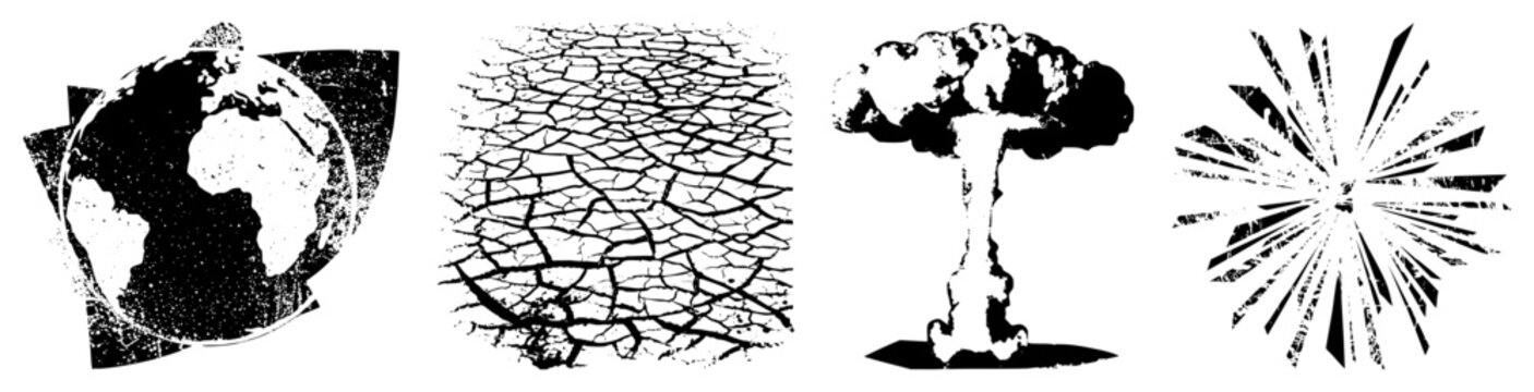 Collection of gritty textures including a world, a scorched earth, a mushroom cloud, and a sudden blast. This atom bomb silhouette and cracked ground set capture apocalyptic vibes.