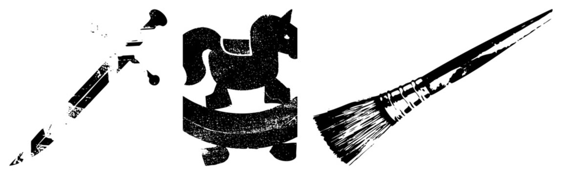 Rugged stencil set featuring a mythical unicorn pony, a sharp broadsword, and a painterly brush. These weathered knightly tools showcase a distressed texture for a gritty aesthetic.