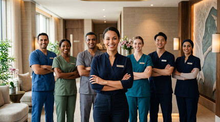 Fototapeta premium Female spa manager with wellness team, massage therapists, skincare specialists, luxury spa center, beauty professionals, holistic wellness, self care, hospitality industry, premium wellness retreat