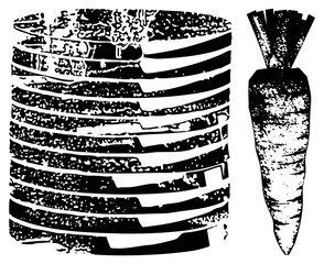 Fototapeta premium This rustic stencil features a whole garden carrot alongside a stack of sliced orange roots, often called baby carrots or carrot rounds, rendered in a gritty, textured style.