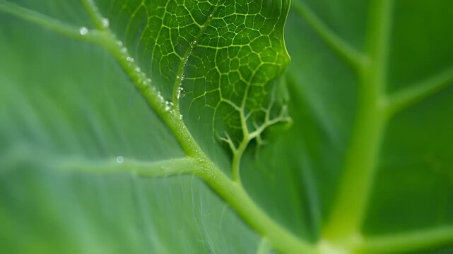 Macro shot of green plant stem with intricate leaf veins and water droplets.