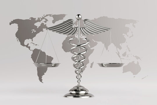 Global Healthcare Justice And Medical Ethics Concept. Silver Caduceus With Balanced Scales In Front Of World Map Showing International Health Law, Policy And Patient Rights. 3d Rendering