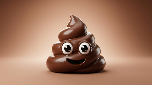 A smiling brown poop emoji with eyes sits on a surface indoors