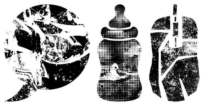 This gritty collection features a weathered speech bubble, a baby feeding bottle, and a stylized pacifier. These rough elements include a nursing nipple and a talk bubble for textured designs.