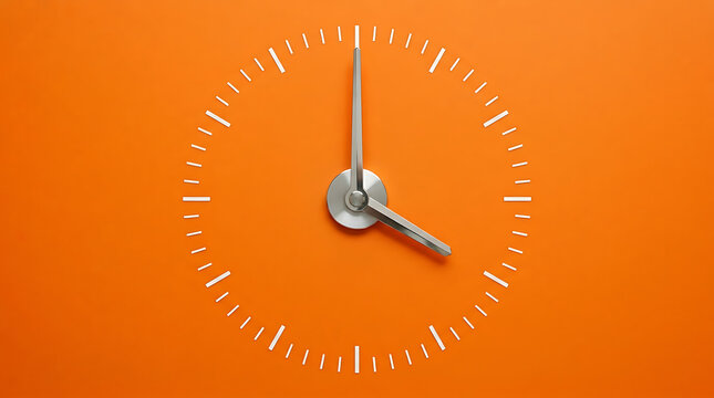 A silver clock with white markings is on an orange background surface.