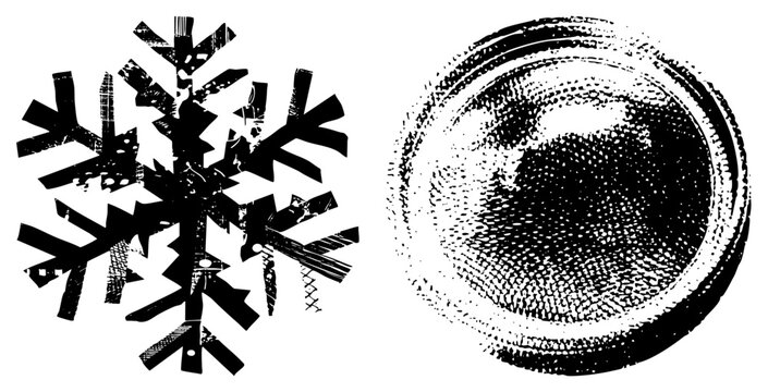 Distressed frost crystal and winter snowflake alongside a grainy circular medallion. This ice star and snow flake design features a heavy halftone texture and weathered stencil aesthetic.